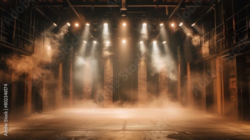 A classic movie stage reimagined with modern lighting featuring dramatic spotlights and smoke on a stark black background in vintage style. photo