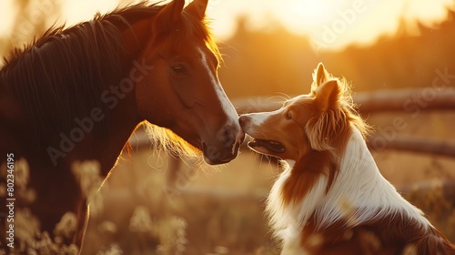 Red border collie dog and horse together at sunset in summer photo