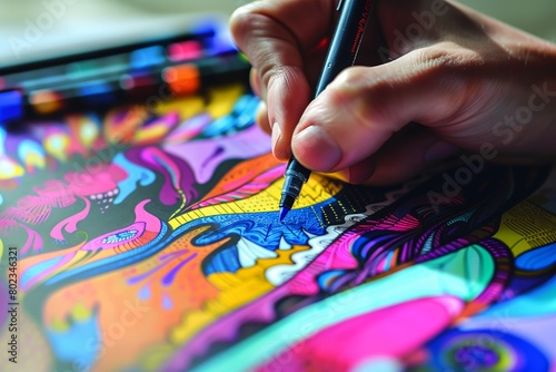 Hand coloring a vibrant abstract drawing with markers