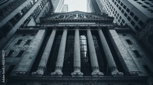 A black and white photo of a building with columns and a dome. The building is a bank and the columns are very tall
