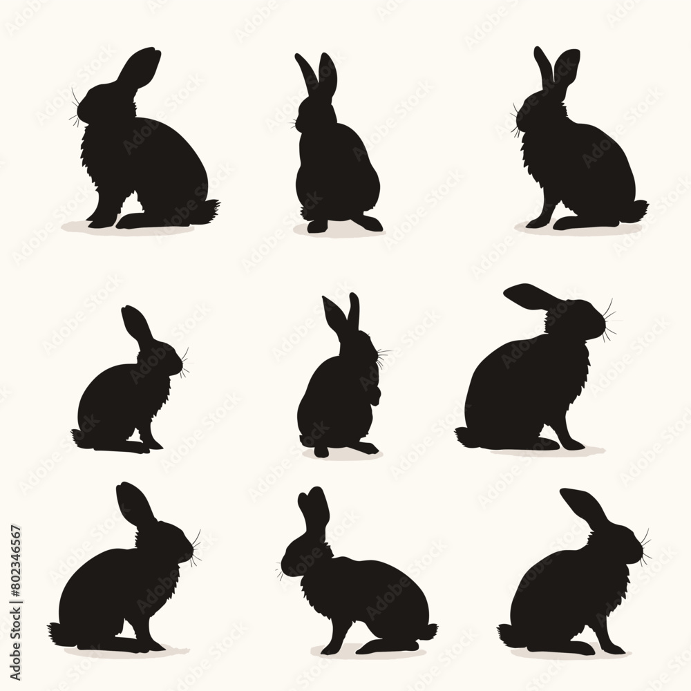 Fototapeta premium Rabbit silhouette set of different poses black flat vector illustration