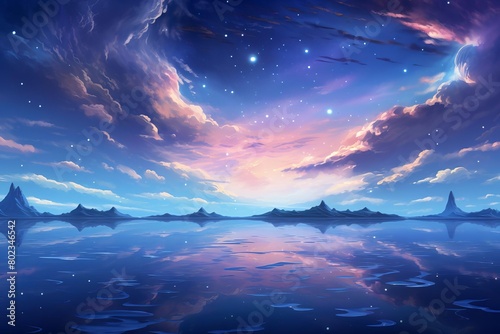 A beautiful landscape painting of a starry night sky over a calm sea © Jammy