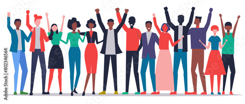 Illustration of a diverse group of stylized people joyfully raising hands in the air, symbolizing celebration, unity, and success in a flat design style