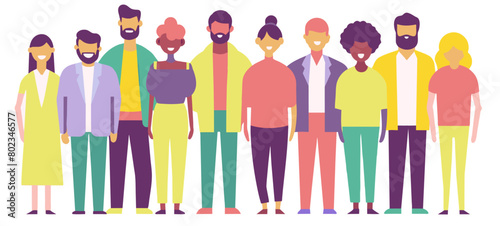 Illustration featuring a diverse group of cartoon adults standing side by side in casual clothing, symbolizing unity, diversity, and community in a flat design style