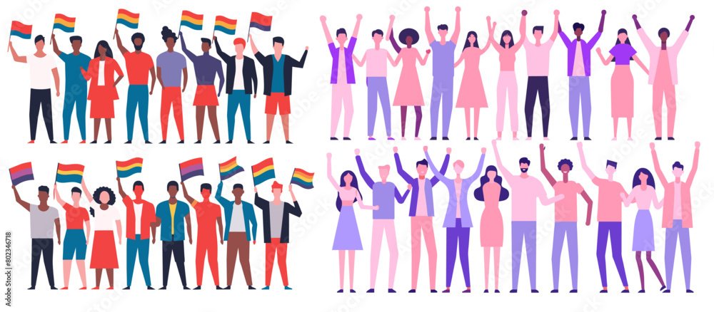 Illustration showcasing a vibrant crowd of characters with various skin tones, raising their hands in celebration, some holding colorful flags, representing unity and diversity Illustration showcasing a vibrant crowd of characters with various skin tones, raising their hands in celebration, some holding colorful flags, representing unity and diversity