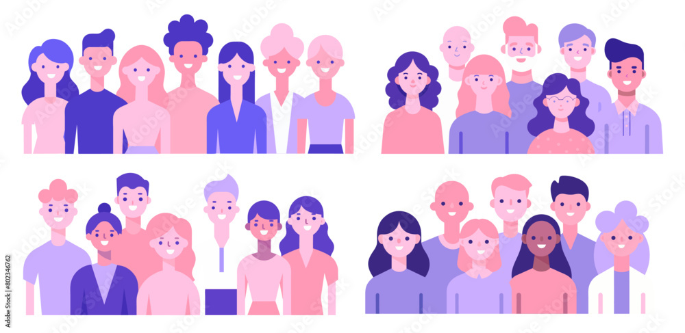 Colorful illustration showcasing a diverse array of cartoon characters in group settings to depict inclusivity, community, and teamwork in a cheerful, flat design style