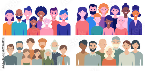 Vibrant illustration showcasing four diverse groups of stylized people. Each panel representing different ages and ethnic backgrounds in flat design style