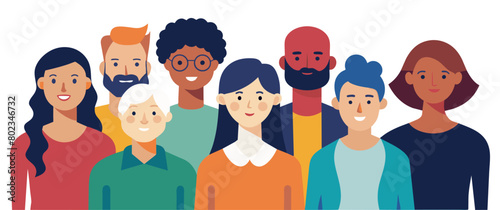 Illustration of a diverse group of smiling people, showcasing a variety of ethnicities, hairstyles, and clothing styles, promoting a message of inclusivity and teamwork