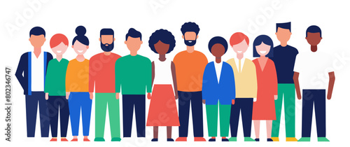Illustration of a diverse group of stylized people standing in a row, showcasing inclusivity across different ethnicities and genders in vibrant casual clothing