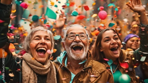 Cheerful elderly people have confetti at a birthday party with a group of friends. who were cheering and celebrating with confetti falling down photo