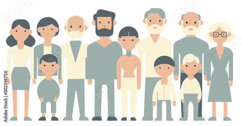 Illustration featuring a diverse group of cartoon people, including men, women, children, and the elderly, standing together in flat design style, representing inclusion and unity