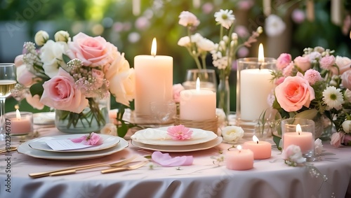 Birthday party decorated with flowers and candles, outside wedding table, happy birthday invitation card, wedding invitation card, and table with flowers and candles on a spring summer background  © Ali Khan