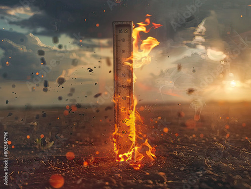 Illustration of a thermometer engulfed in flames, symbolizing extreme heat conditions in a dramatic, surreal setting.
