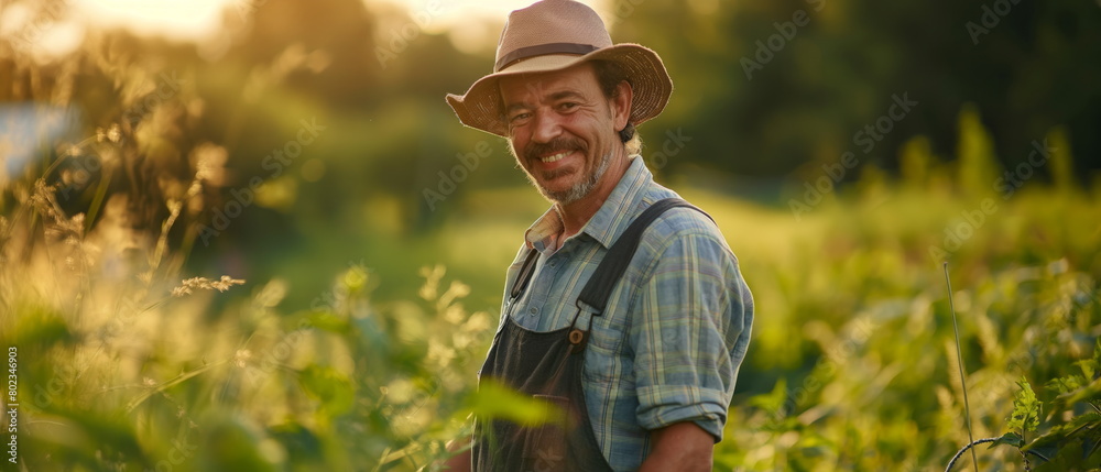 dedicated farmer in overalls, working in the fields smile on their face