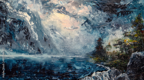An evocative oil painting depicting a misty mountain lake enveloped in swirling clouds, with dark water reflecting the tumultuous sky above. 
