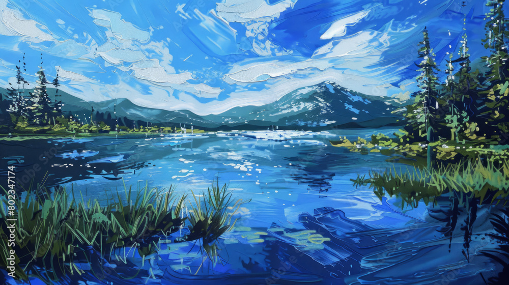 A vibrant oil painting capturing a peaceful mountain lake, with reflective waters set against a backdrop of towering mountains and a dynamic blue sky.
