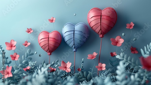 Two Heart Shaped Balloons in Field of Flowers. Generative AI photo