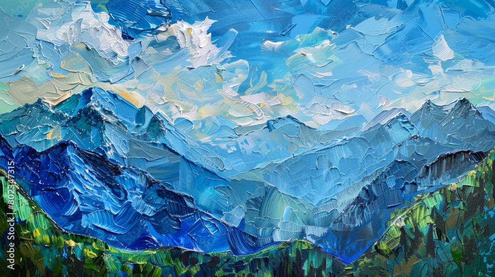 This striking oil painting depicts a series of mountain peaks under a lively blue sky, rendered with thick, expressive brush strokes that highlight the rugged terrain.
