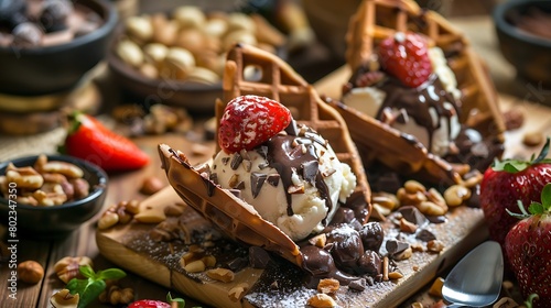 Sweet tacos with chocolate thin waffle and ice cream topped with nuts and strawberry on the golden table