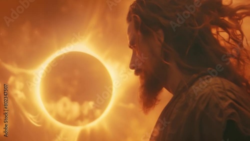 A total solar eclipse with a long-haired man staring into it Forbidden Knowledge High Magick Esoteric Occultism photo