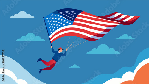 The American flag billows behind a brave skydiver symbolizing the spirit of freedom and independence as they glide through the air.. Vector illustration