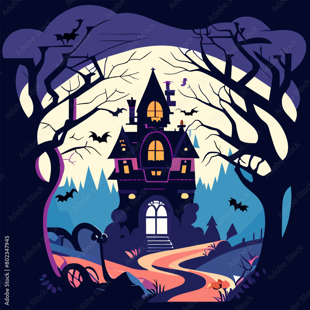 a spooky yet playful halloween-themed t-shirt design featuring a whimsical haunted house with