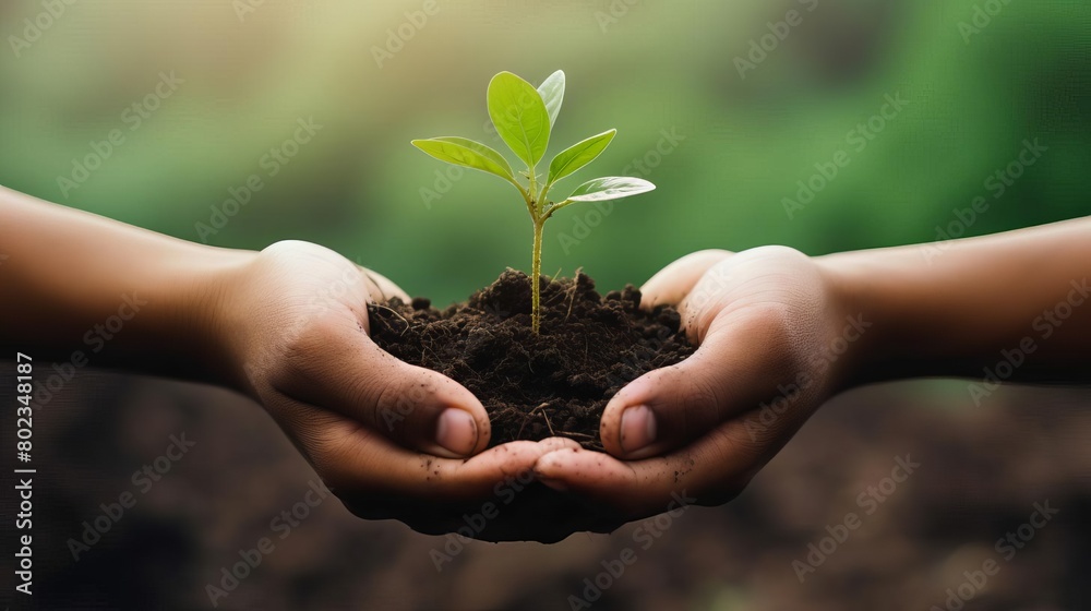 A small green plant growing in a handful of rich soil, held in a pair of human hands A small green plant growing in a handful of rich soil, held in a pair of human hands
