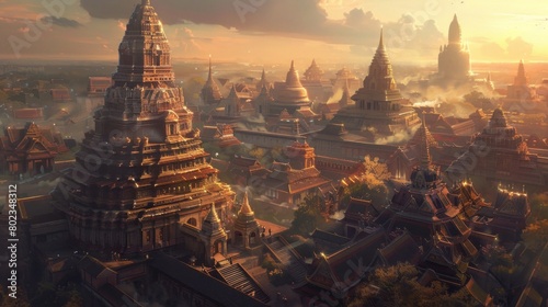 Illustrate a side view of a futuristic cityscape merging seamlessly with ancient temples