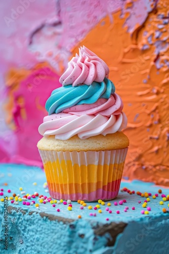 Brightly colored cupcake costume with minimal accessories, set against a clean, vibrant backdrop © Pawankorn
