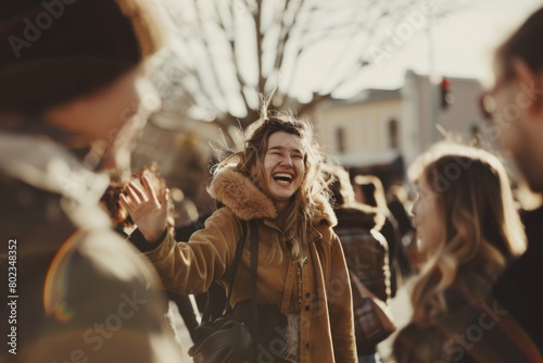 Group of friends having fun on the street. People having fun outdoors.