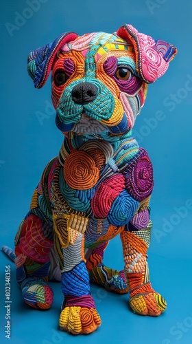 Colorful puppy dog costume with minimal stitching details against a vibrant blue background © Pawankorn