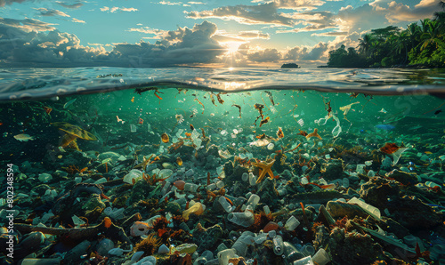 Underwater and surface view of ocean pollution with plastic debris. Environmental impact on marine ecosystems. World Oceans Day.