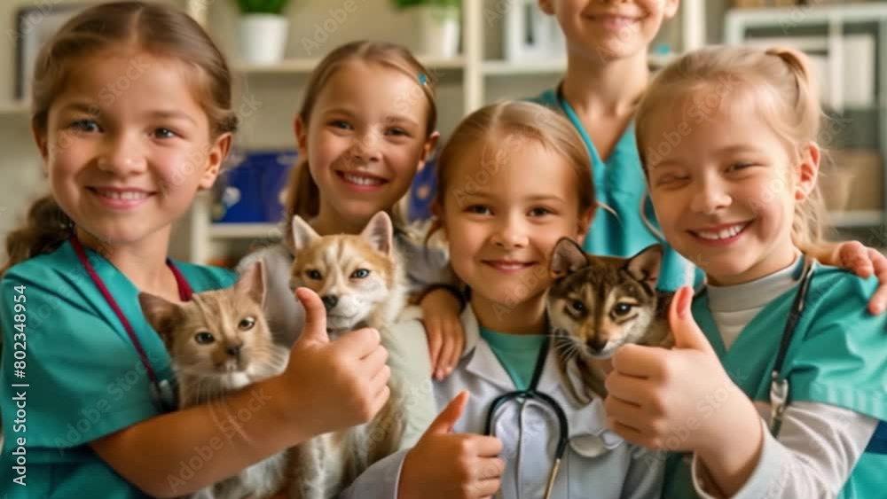 A group of children veterinarians smiling, having thumbs up standing in the veterinary office A group of children veterinarians smiling, having thumbs up standing in the veterinary office