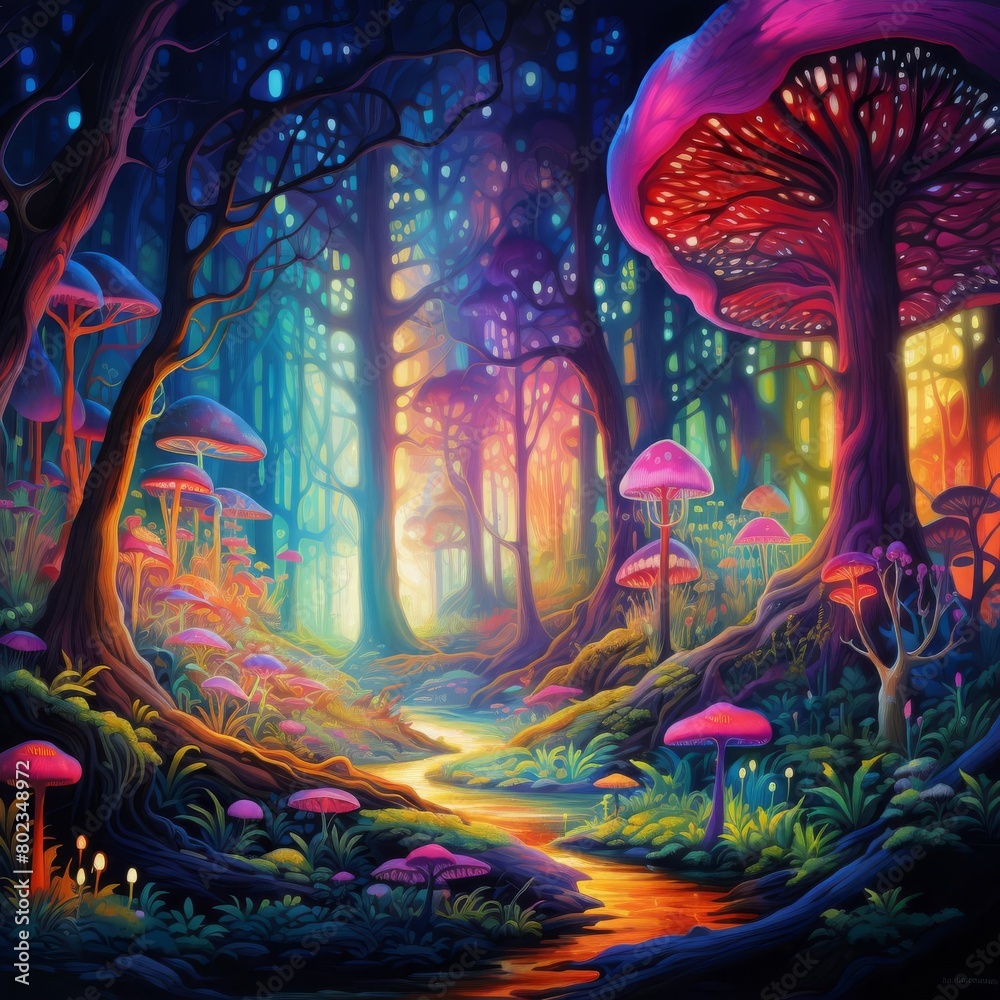 An enchanting digital painting of a psychedelic forest
