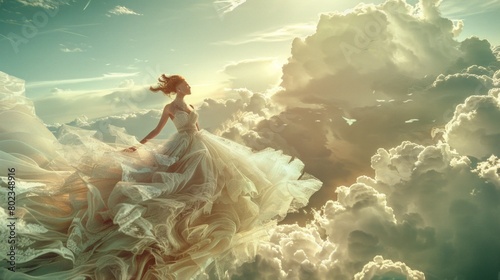 Capture the ethereal essence of fashion with a twist, merging surrealism with aerial views Show a model in avant-garde attire amidst a dreamy, floating landscape photo