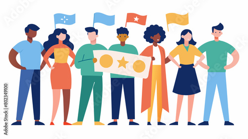 A line of people standing together each holding a banner with a word or phrase representing their personal heroes and inspirations such as freedom. Vector illustration