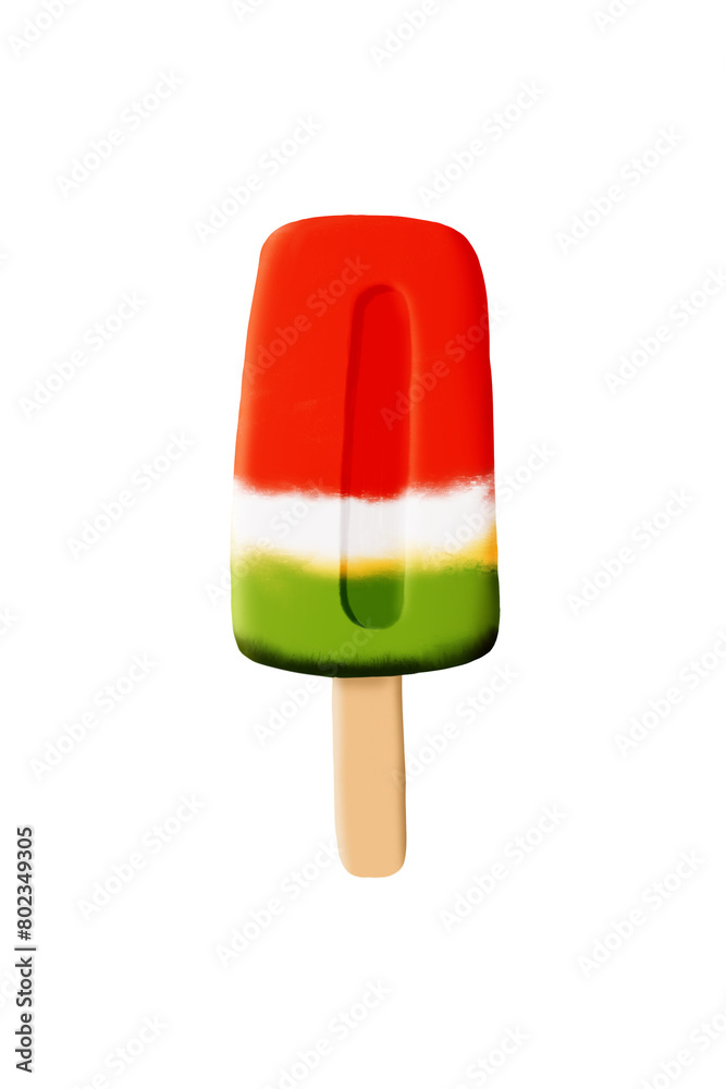 Bright delicious watermelon ice cream on a wooden stick, hand-drawn. Summer illustration. Red white green. Transparent background Bright delicious watermelon ice cream on a wooden stick, hand-drawn. Summer illustration. Red white green. Transparent background