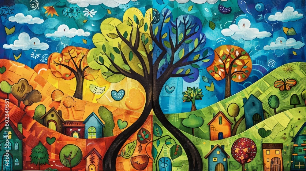 Obraz premium A colorful painting of a tree with two trunks, each representing a different season, with houses and nature in the background.