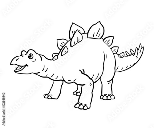 Cute cartoon young dinosaur. Little lizard stegosaurus. Vector isolated clipart illustration. Black and white sketch outline