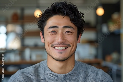 Portrait of handsome young man smiling in coffee shop, Smiling guy looking at camera