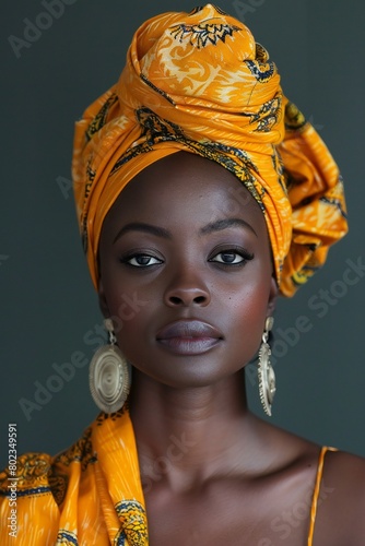 Beautiful African American woman wearing a yellow shawl and headscarf