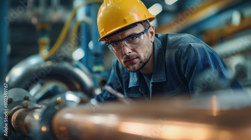 man wearing a hard hat is focused on working on a pipe, using tools to make necessary repairs or adjustments photo