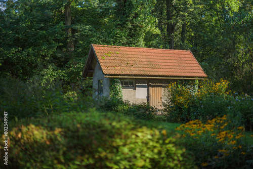 Mała chatka z ceglanym dachem w parku pełnym kwiatów © mateuszsojka_foto