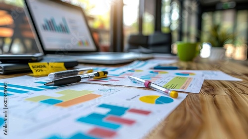 A desk with a laptop, pens, and papers with graphs and charts on them. © Sodapeaw