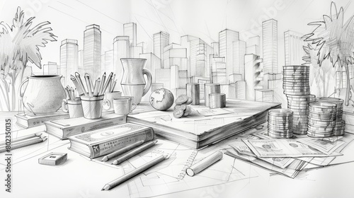 A desk with books, money, a globe, and other office supplies with a cityscape in the background. photo
