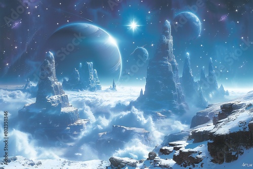 Fantasy alien planet,  Mountain and moon,   illustration #802350346