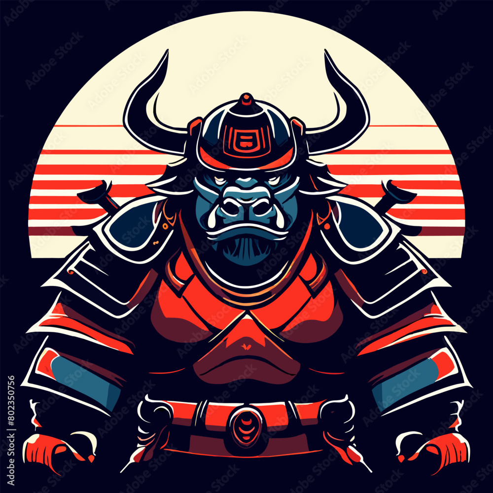 samurai bull give the bull a samurai-inspired appearance with armor and dynamic poses, illustration