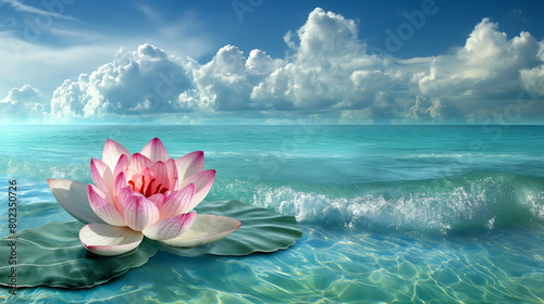 Spiritual beauty, pink white lotus rises majestically from radiant turquoise waters
