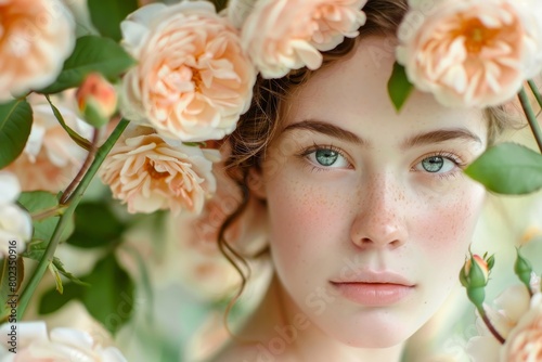 a young woman with soft features, surrounded by peach-colored roses