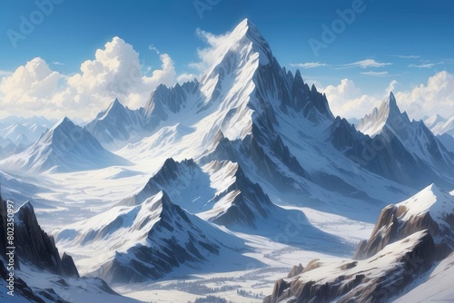 Snow-covered mountain peaks with sharp ridges and rocky outcrops landscape 
